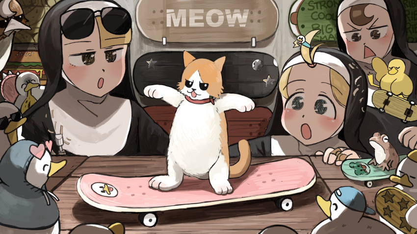 3girls, :o, ^_^, animal_hair_ornament, backwards_hat, banana_peel, bandaid, bandaid_on_hand