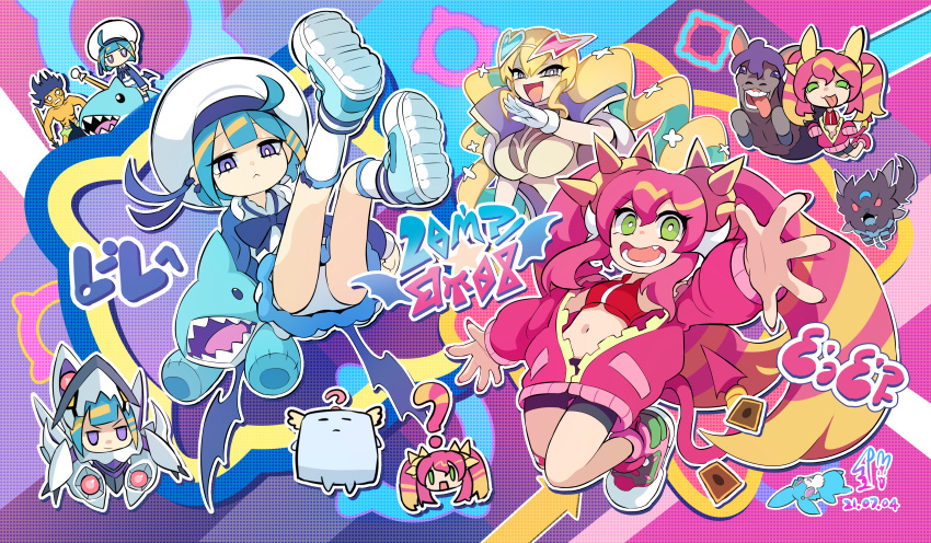 1boy, 3girls, :d, ?, absurdres, ahoge, arm_up, bangs