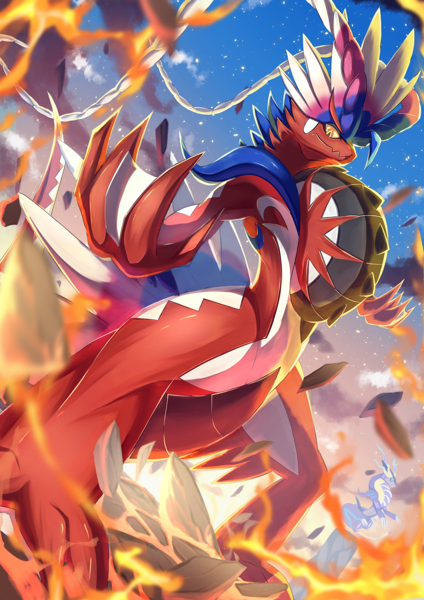 absurdres, blurry, closed_mouth, clouds, commentary_request, fire, from_below, highres
