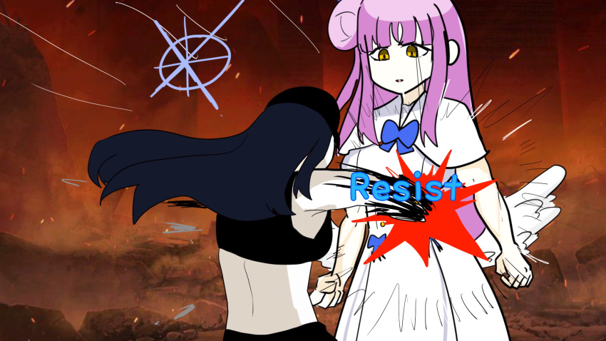 2girls, angel_wings, animated, animated_gif, bangs, blue_archive, capelet, dress