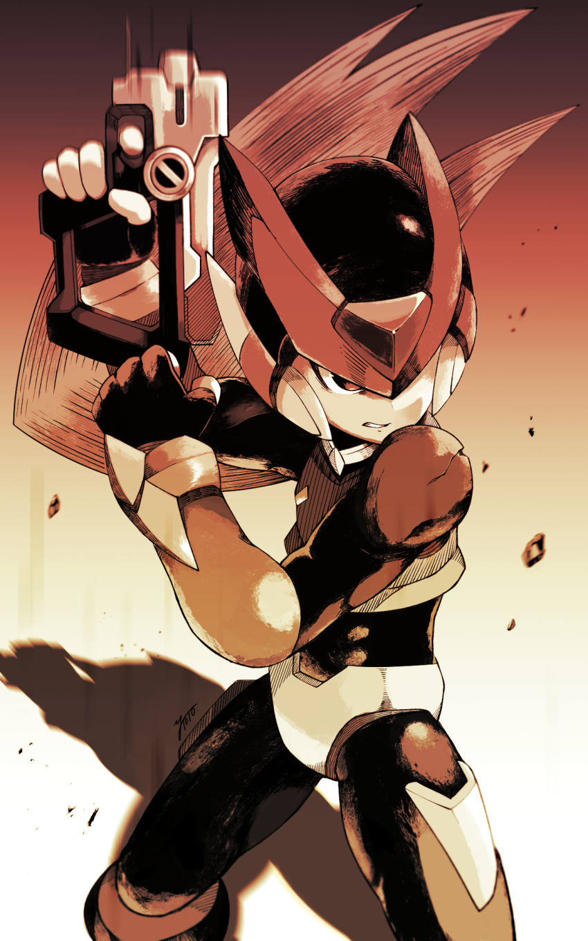 1boy, android, clenched_teeth, gun, helmet, highres, male_focus, mega_man_(series), mega_man_zero, motion_blur, sepia, serious, shadow, signature, solo, teeth, teto_(y3832), weapon, zero_(mega_man)