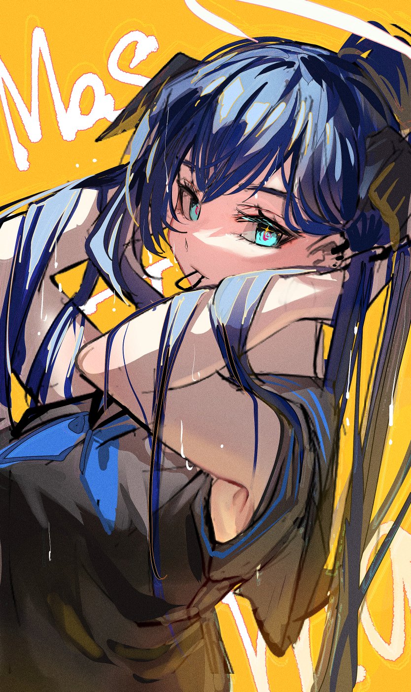 1girl, arknights, bangs, bare_arms, black_shirt, blue_eyes, blue_hair, commentary_request