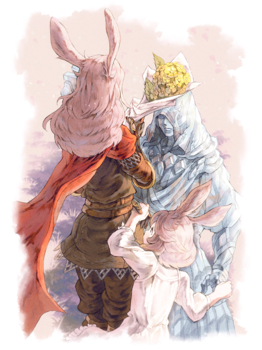 1boy, 2girls, animal_ears, armor, belt, bimel_isabella, bouquet, brown_gloves