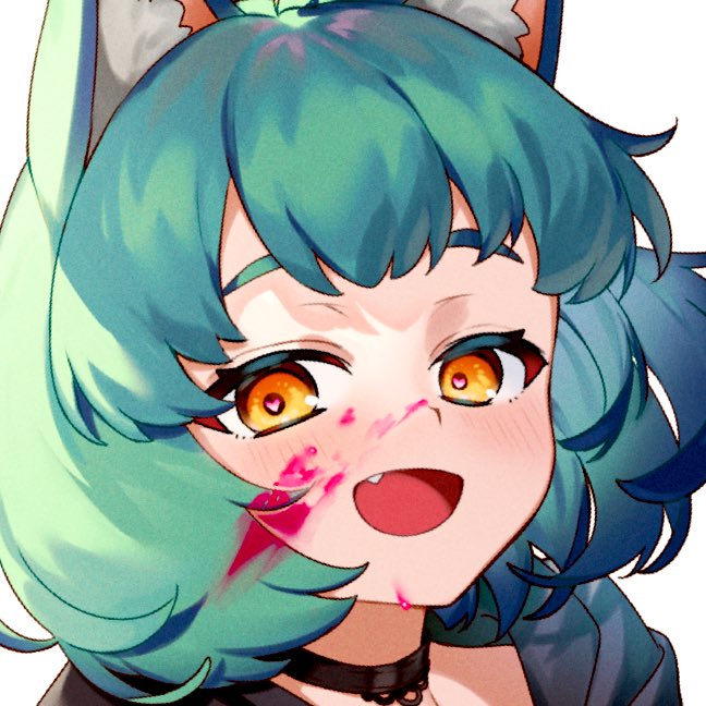 1girl, black_choker, blood, blood_on_face, blush, choker, fang, girl_dm