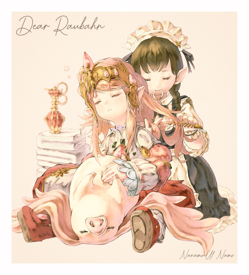 2girls, animal_on_lap, apron, bangs, bimel_isabella, black_bow, black_bowtie, black_dress