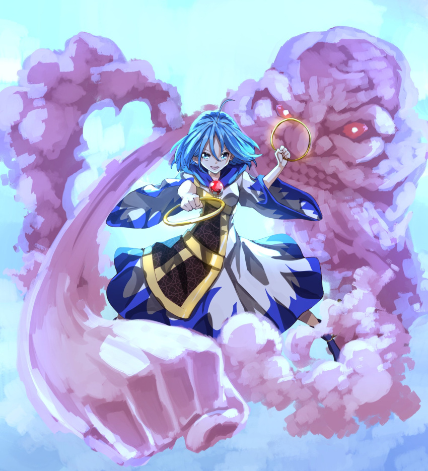 1girl, blue_eyes, blue_hair, clouds, dress, dual_wielding, highres, holding
