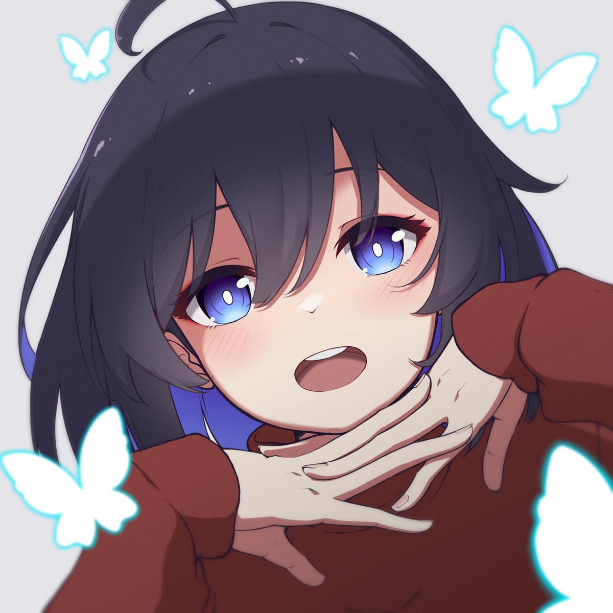 1girl, ahoge, bangs, black_hair, blue_eyes, blue_hair, bug, butterfly, hair_between_eyes, highres, honkai_(series), honkai_impact_3rd, looking_at_viewer, matsumotossu, multicolored_hair, open_mouth, red_sweater, seele_vollerei, smile, solo, sweater, two-tone_hair
