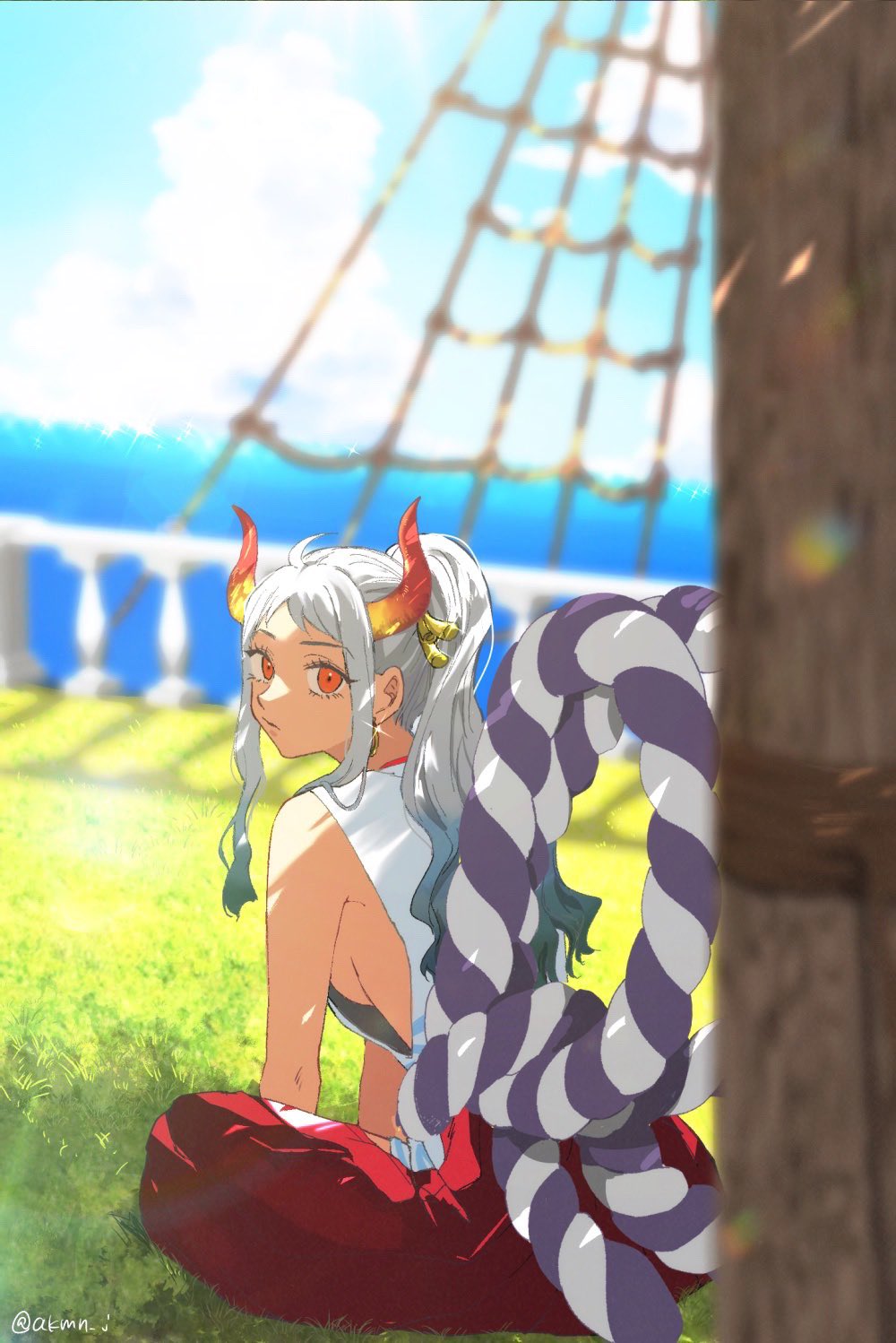 1girl, akmn, bare_shoulders, breasts, curled_horns, earrings, green_hair, hair_ornament