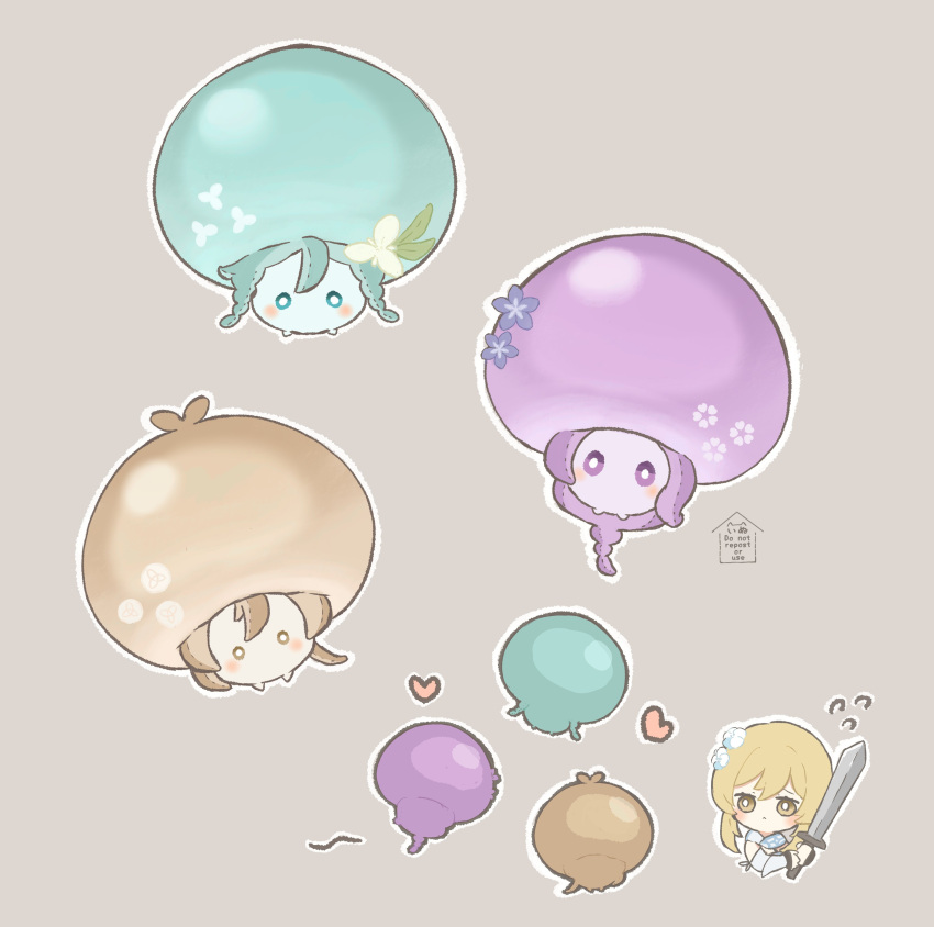 2boys, 2girls, absurdres, blonde_hair, braid, chibi, floating_fungi_(genshin_impact), genshin_impact, heart, highres, inu_(nuiinu0000), lumine_(genshin_impact), multiple_boys, multiple_girls, raiden_shogun, short_hair_with_long_locks, sword, twin_braids, venti_(genshin_impact), weapon, yellow_eyes, zhongli_(genshin_impact)
