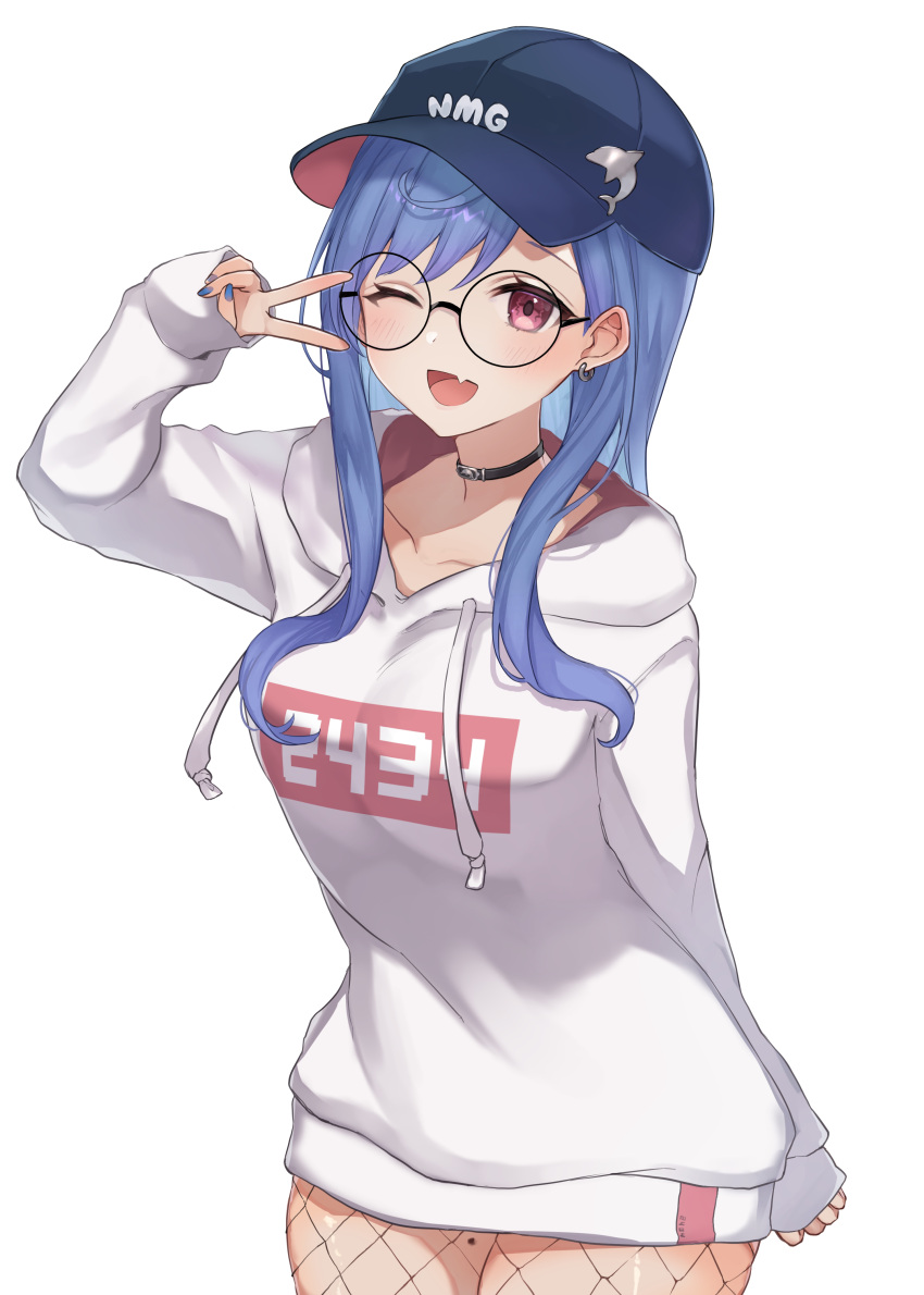 absurdres, arm_behind_back, bangs, baseball_cap, bespectacled, black-framed_eyewear, blue_hair, blue_nails, breasts, choker, collarbone, cowboy_shot, dolphin_hat_ornament, fang, fishnet_legwear, fishnets, glasses, hair_behind_ear, hat, hat_ornament, highres, hood, hoodie, iu_(iuiu1103), light_blush, long_hair, looking_at_viewer, mole, mole_on_thigh, nijisanji, nishizono_chigusa, one_eye_closed, open_mouth, print_hoodie, product_placement, skin_fang, sleeves_past_wrists, smile, solo, swept_bangs, v, violet_eyes, virtual_youtuber, white_hoodie