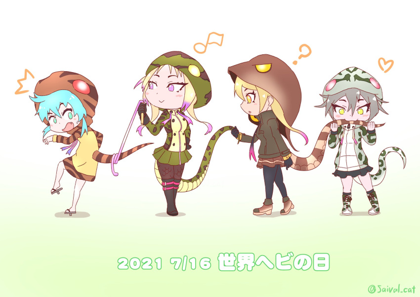 4girls, ?, ^^^, african_rock_python_(kemono_friends), arm_at_side, bangs, bare_legs, biting