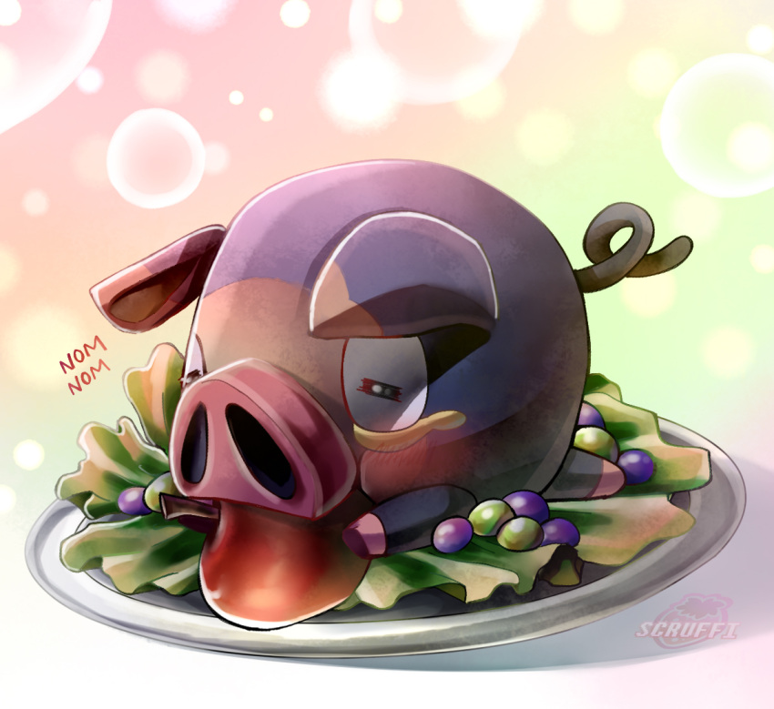 artist_name, black_eyes, blush, bubble, eating, food, lechonk, no_humans