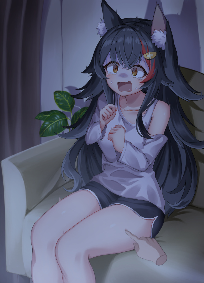 1girl, absurdres, animal_ear_fluff, animal_ears, asymmetrical_clothes, asymmetrical_shirt, black_hair, black_shorts
