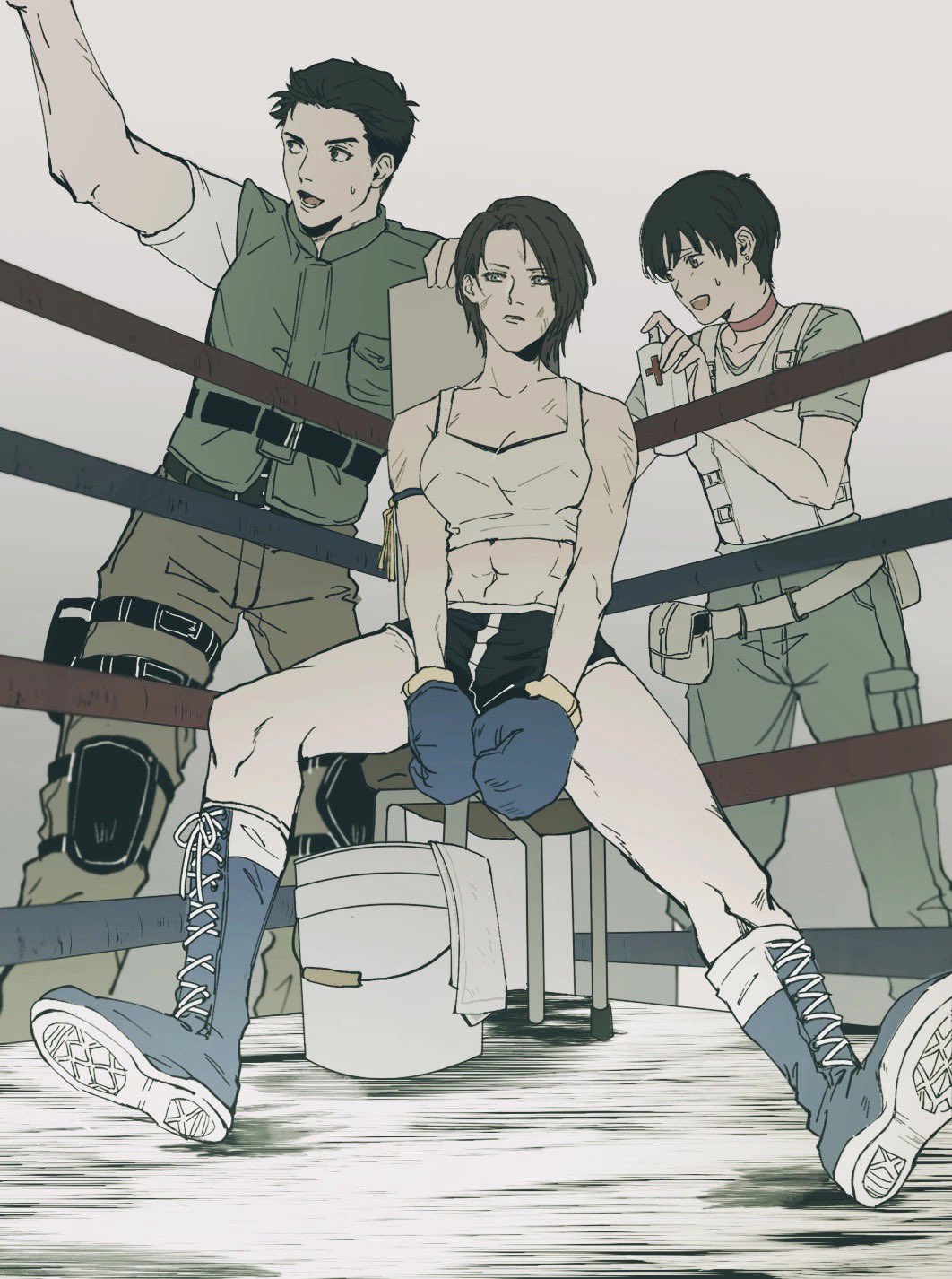1boy, 2girls, abs, blue_eyes, blush, boxing_gloves, breasts, brown_hair, chris_redfield, fingerless_gloves, gloves, green_eyes, highres, jill_valentine, medium_breasts, mihael66, multiple_girls, muscular, muscular_female, open_mouth, rebecca_chambers, resident_evil, resident_evil_1, short_hair, shorts, sweat