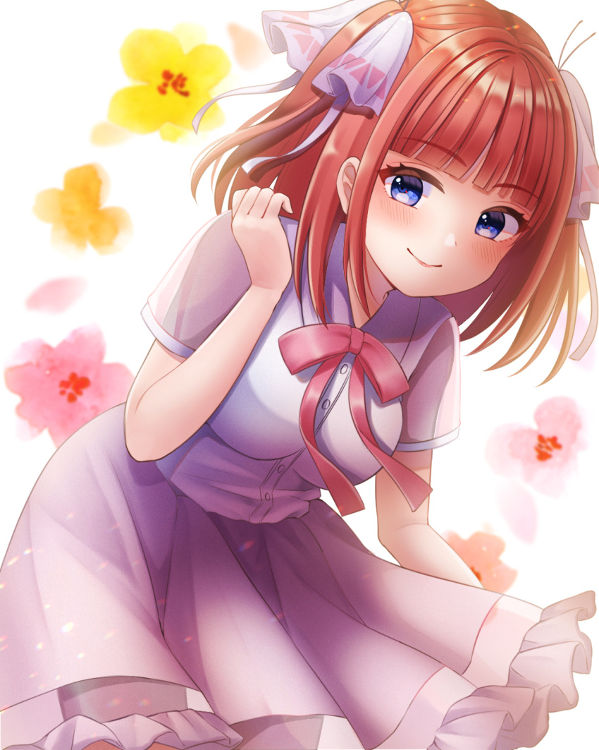 1girl, bangs, bent_over, blue_eyes, blunt_bangs, blush, bow, breasts
