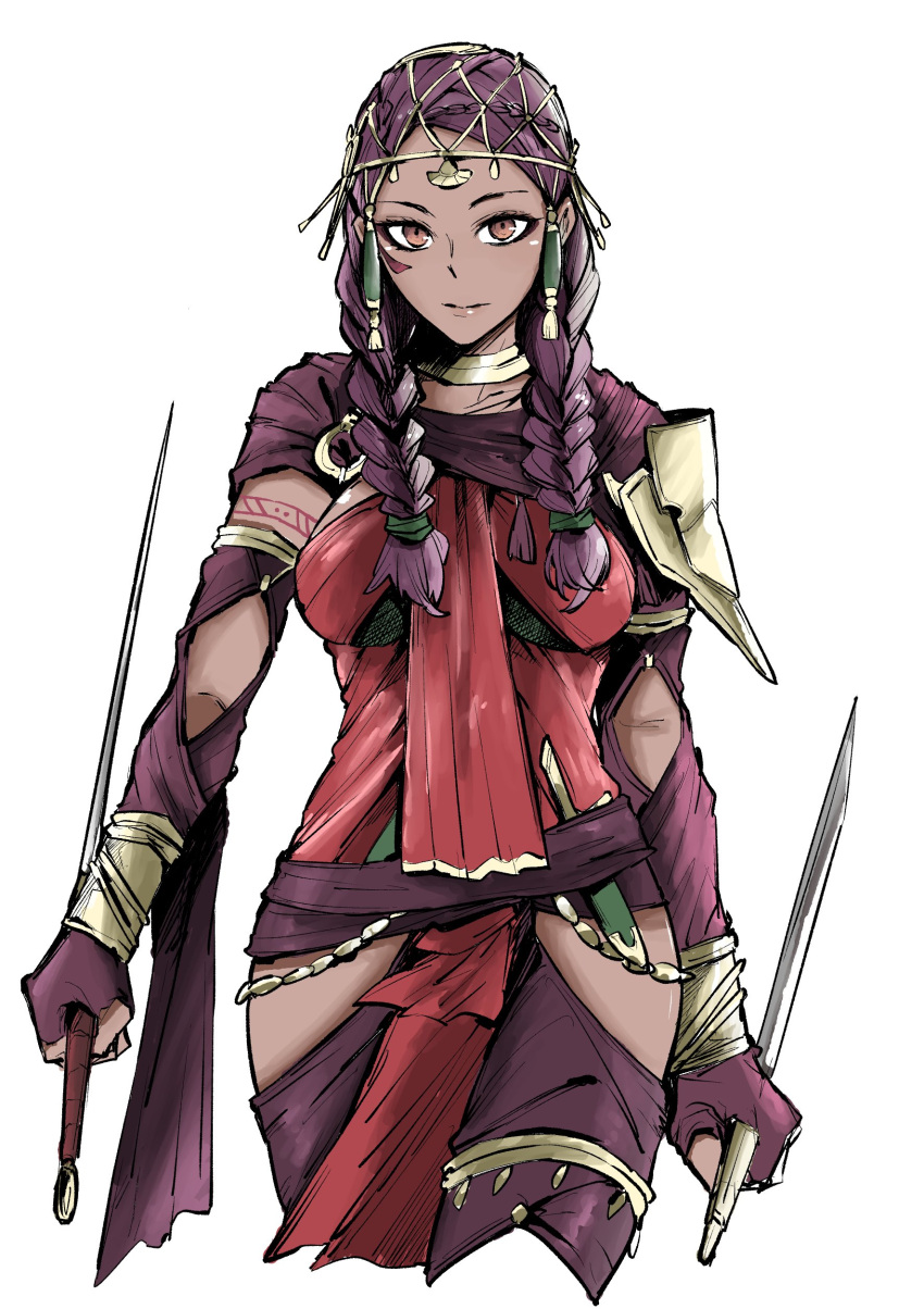 1girl, absurdres, braid, breasts, dark_skin, dual_wielding, earrings, facial_mark, fire_emblem, fire_emblem:_three_houses, fire_emblem_warriors:_three_hopes, ganbaru_(tkstsukachiku), gloves, highres, holding, jewelry, kimoyo_(eihr_ankm), knife, long_hair, looking_at_viewer, medium_breasts, official_alternate_costume, official_alternate_hairstyle, petra_macneary, purple_hair, simple_background, solo