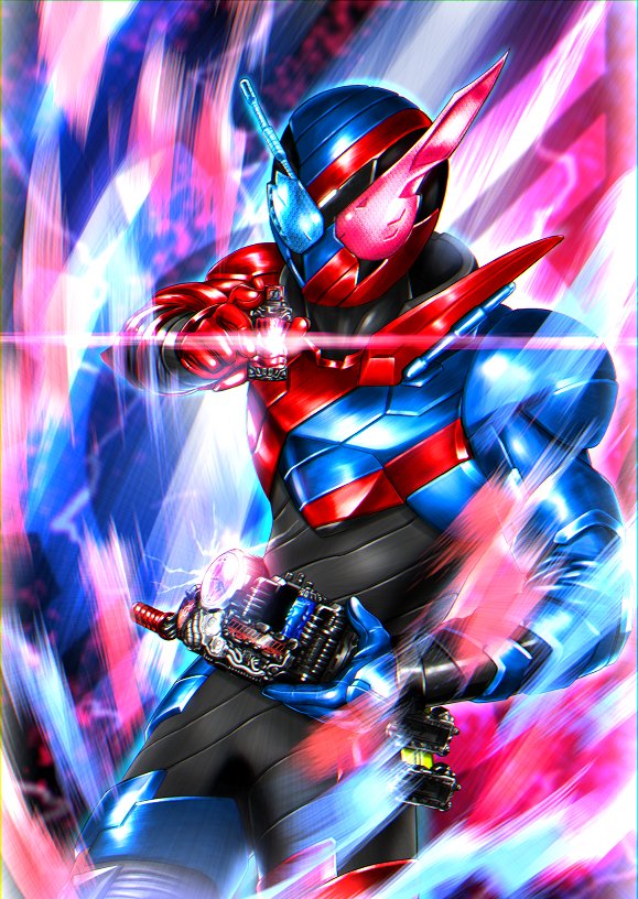 1boy, animal_ears, armor, black_bodysuit, blue_armor, blue_eyes, blue_gloves, bodysuit, build_driver, cowboy_shot, electricity, fullbottle, gloves, glowing, glowing_eyes, ground_vehicle, heterochromia, kamen_rider, kamen_rider_build, kamen_rider_build_(series), looking_at_viewer, male_focus, military, military_vehicle, motor_vehicle, rabbit, rabbit+tank_form, rabbit+tank_form_(best_match), rabbit_ears, rabbit_fullbottle, red_armor, red_eyes, red_gloves, rider_belt, ryukawa, solo, tank, tank_fullbottle, tokusatsu