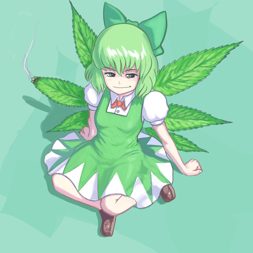 1girl, alternate_color, alternate_costume, alternate_element, alternate_wings, arm_support, bloodshot_eyes, bow