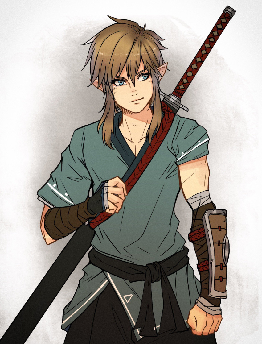 1boy, arm_guards, bandaged_arm, bandages, belt, black_pants, blonde_hair, blue_eyes