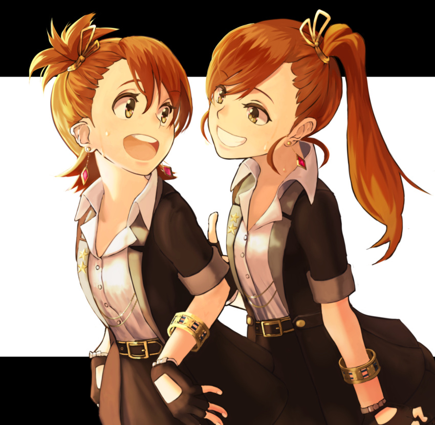 2girls, belt, blush, brown_eyes, brown_hair, earrings, fingerless_gloves, flat_chest
