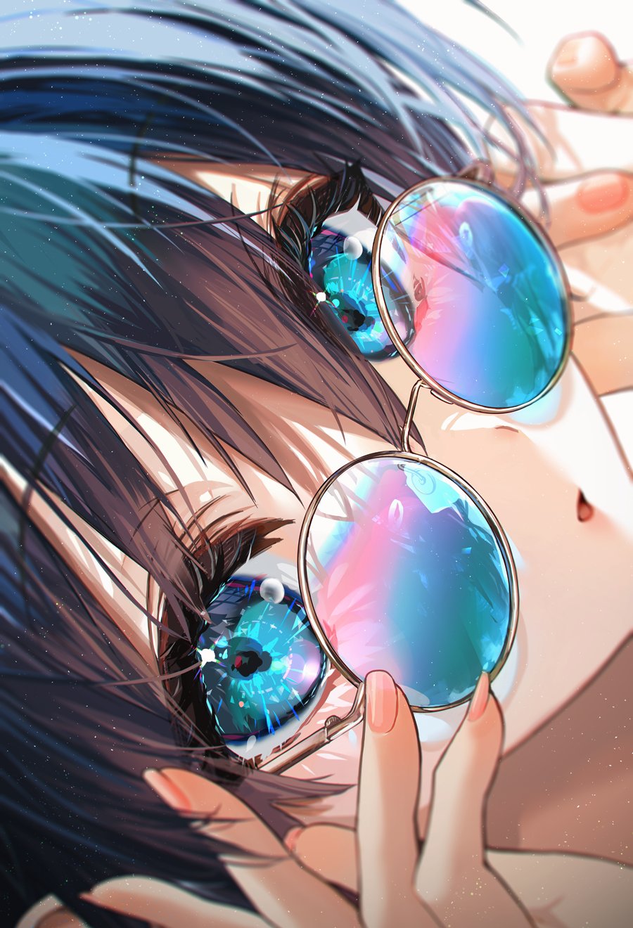 1girl, :o, blue-tinted_eyewear, blue_eyes, blue_hair, blue_sclera, bob_cut, close-up