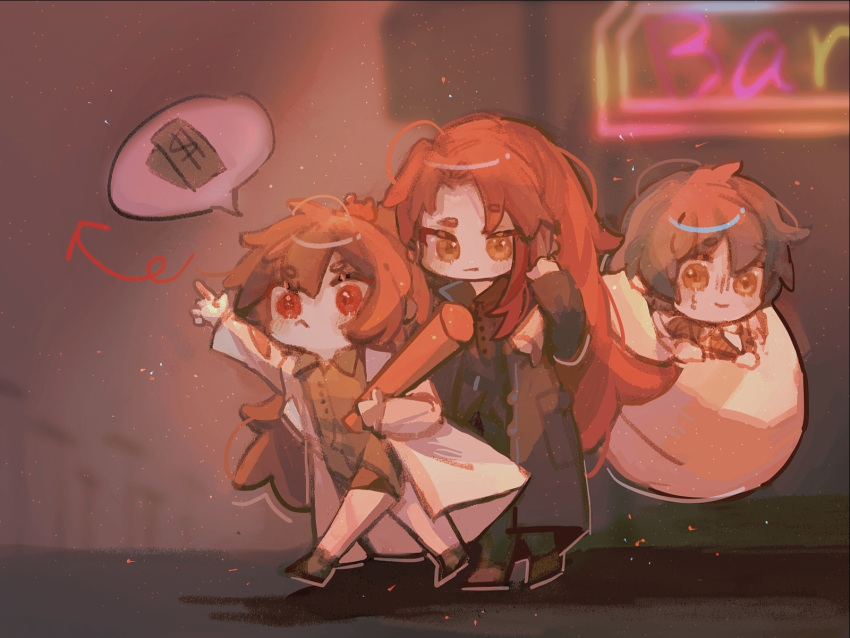 1boy, 2girls, :<, bear_hair_ornament, belt, black_coat, blue_hair, brown_hair
