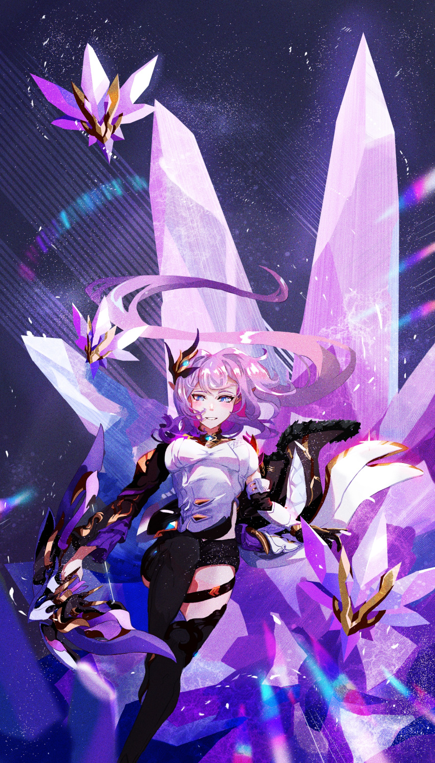 1girl, absurdres, bangs, black_gloves, blue_eyes, breasts, crystal, elf