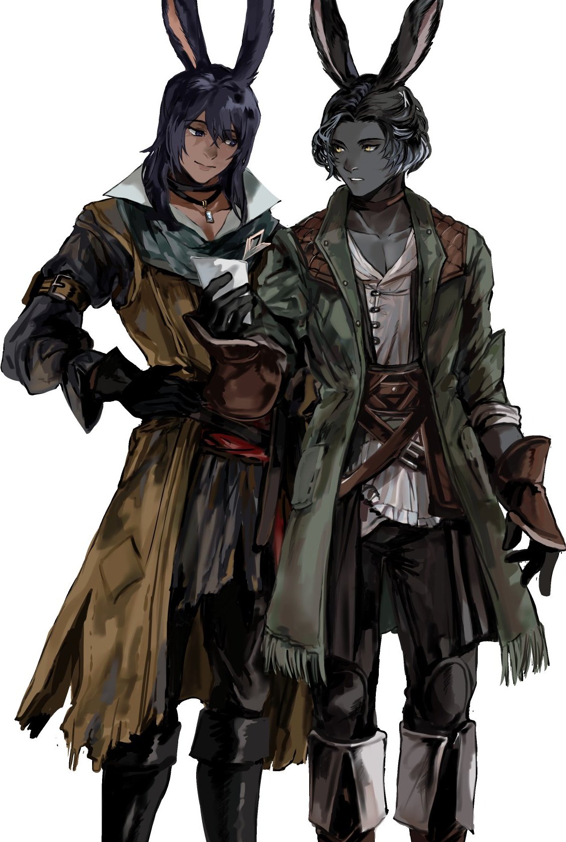 2boys, animal_ears, arm_belt, avatar_(ff14), bangs, belt_buckle, black_collar, black_eyes