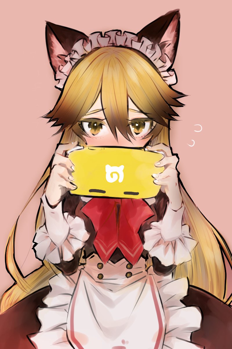 1girl, alternate_costume, animal_ears, apron, black_dress, blush, bow, bowtie, brown_hair, covering_face, dress, embarrassed, enmaided, eyebrows_visible_through_hair, ezo_red_fox_(kemono_friends), flying_sweatdrops, fox_ears, fox_girl, frilled_cuffs, highres, kemono_friends, kemono_friends_3, long_hair, long_sleeves, maid, maid_headdress, multicolored_hair, nanica26, nintendo_switch, official_alternate_costume, orange_hair, red_bow, red_bowtie, sleeve_cuffs, white_apron, yellow_eyes
