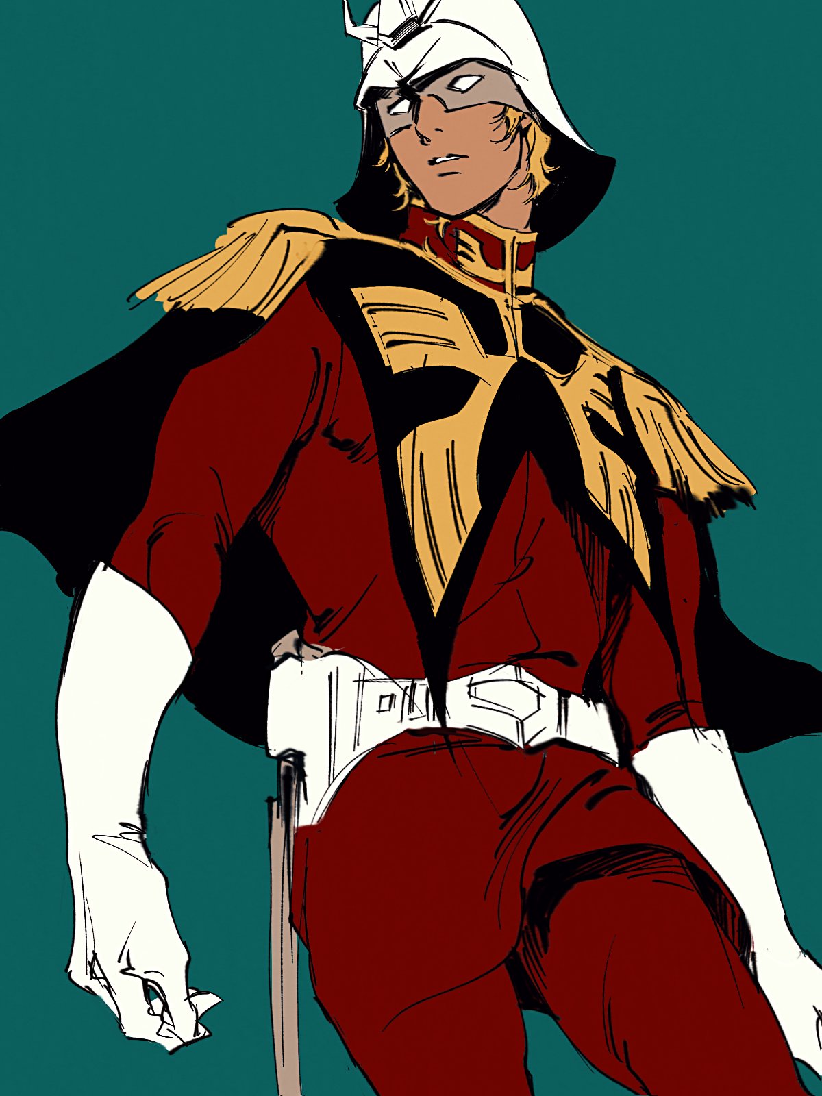 1boy, aqua_background, belt, blonde_hair, char_aznable, gloves, gundam, helmet, highres, jacket, looking_to_the_side, mask, mi_(ppeuang1), mobile_suit_gundam, pants, parted_lips, red_jacket, red_pants, sketch, solo, white_belt, white_gloves, zeon