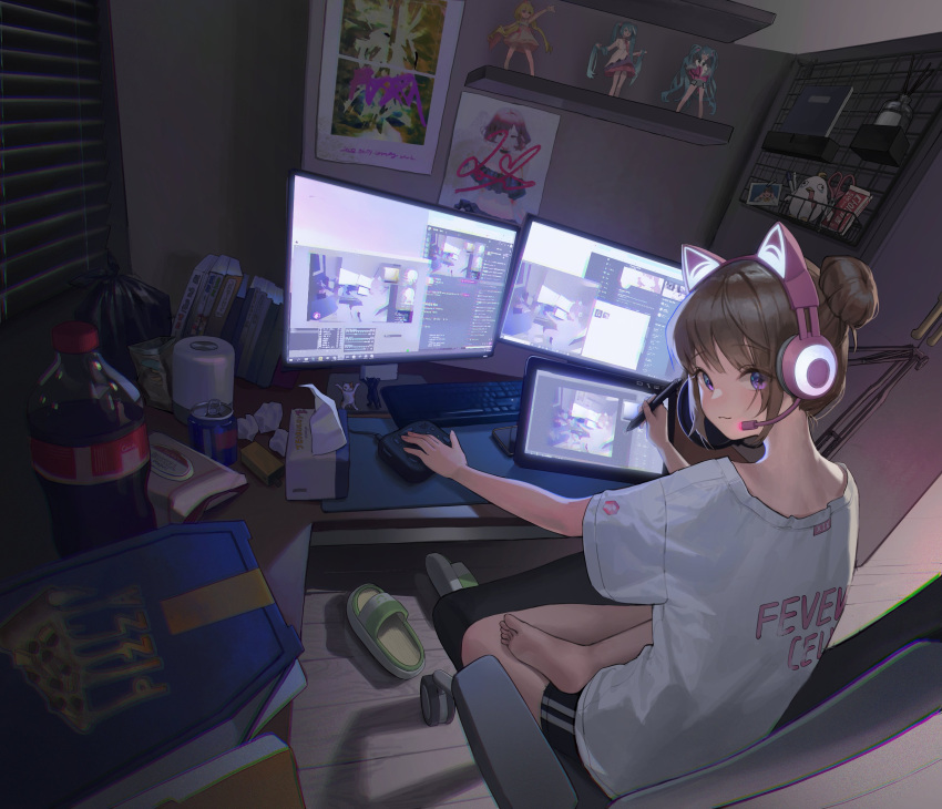 1girl, :3, absurdres, action_figure, bangs, black_shorts, blinders, brown_hair