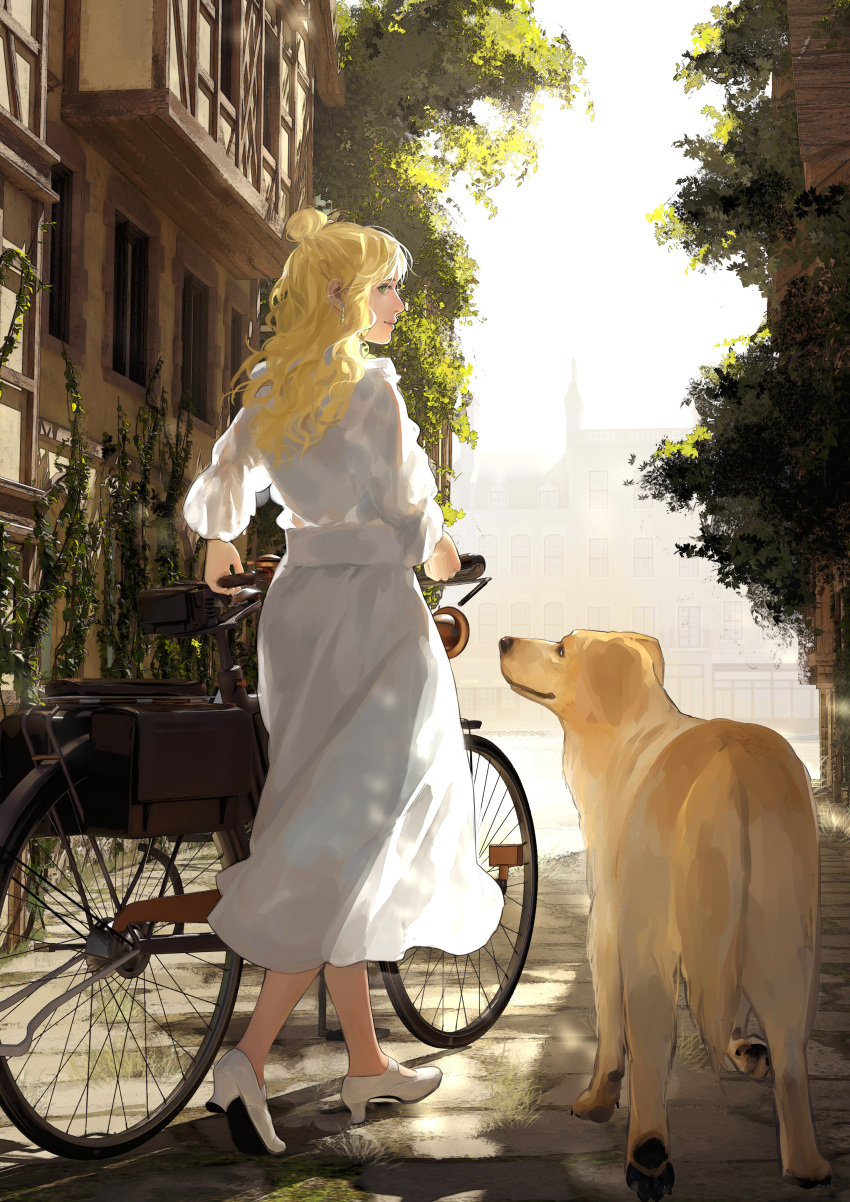 1girl, absurdres, audrey_hall, bicycle, blonde_hair, building, chinese_commentary, clear_sky