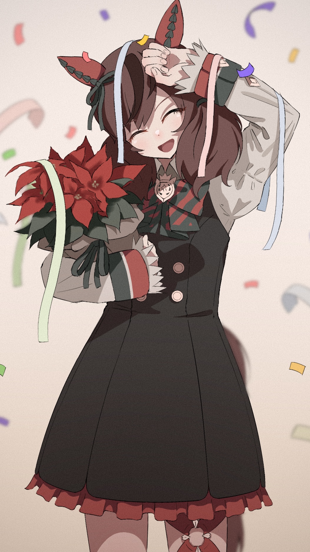 1girl, ^_^, animal_ears, arm_up, bangs, black_dress, blurry, blurry_background