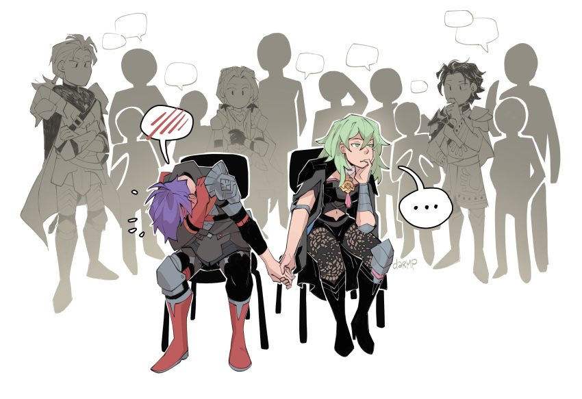 ..., 2girls, 3boys, absurdres, arm_guards, armor, blank_speech_bubble, boots