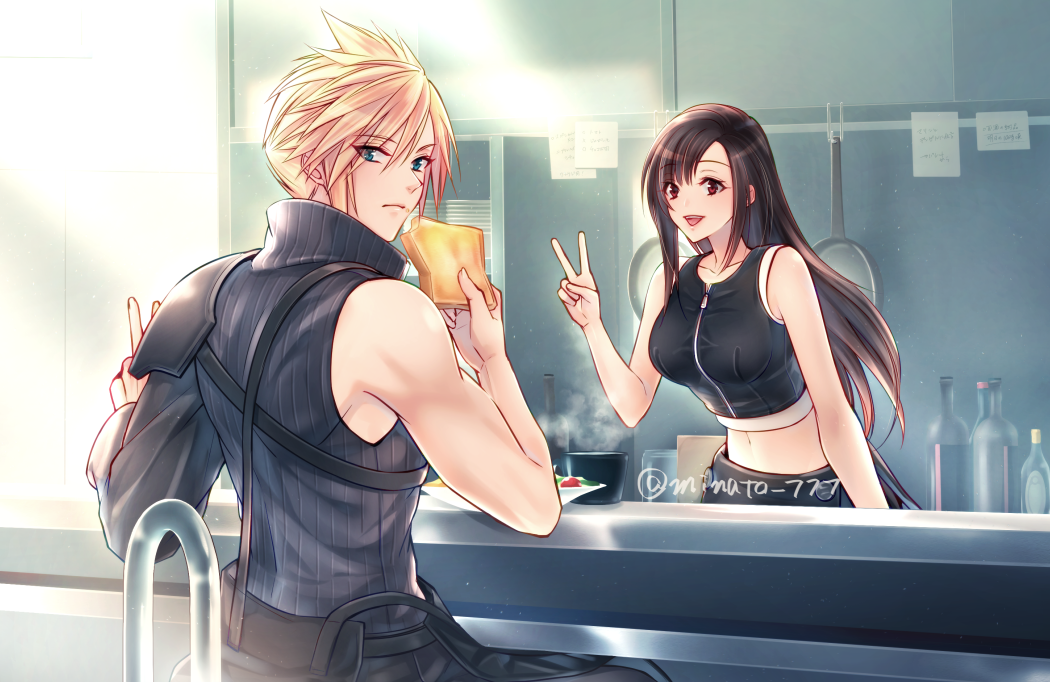 1boy, 1girl, armor, bare_arms, bare_shoulders, black_hair, blonde_hair, blue_eyes, breasts, cloud_strife, eating, final_fantasy, final_fantasy_vii, final_fantasy_vii_advent_children, food, holding, holding_food, large_breasts, long_hair, looking_at_viewer, midriff_peek, minato_(ct_777), navel, red_eyes, shirt, shoulder_armor, sitting, spiky_hair, tifa_lockhart, twitter_username, v