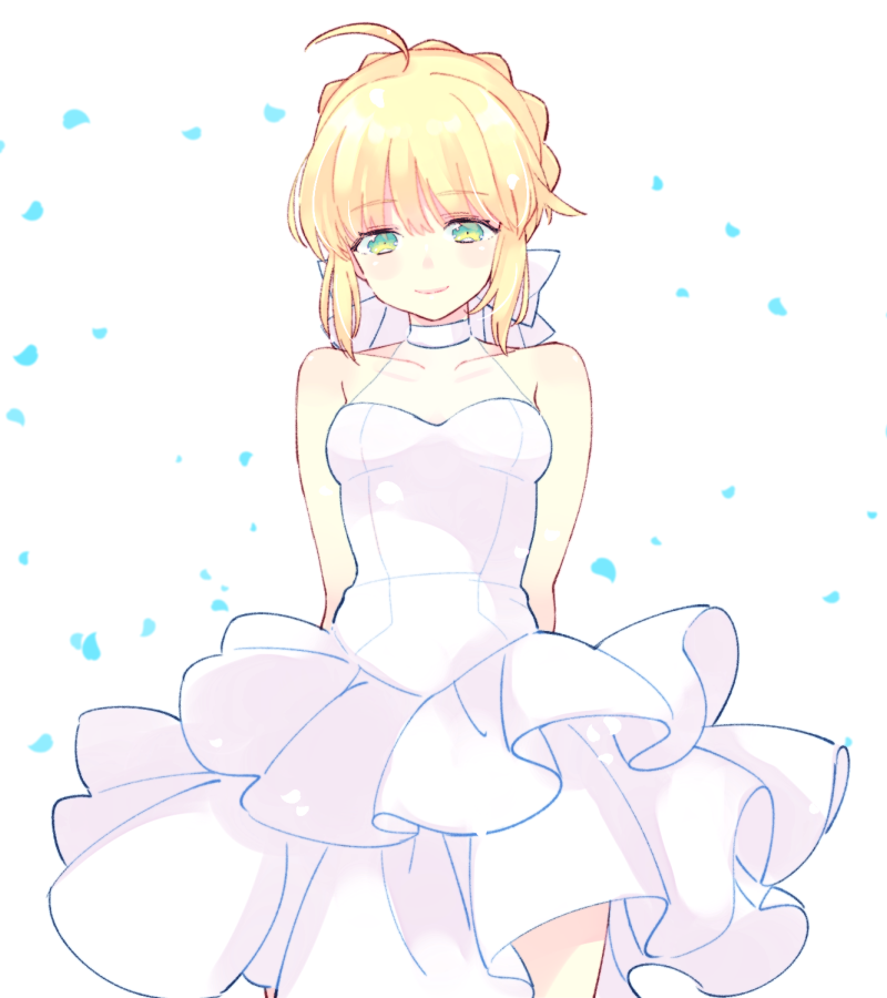 1girl, 87banana, ahoge, arms_behind_back, artoria_pendragon_(fate), back_bow, bangs, bare_arms