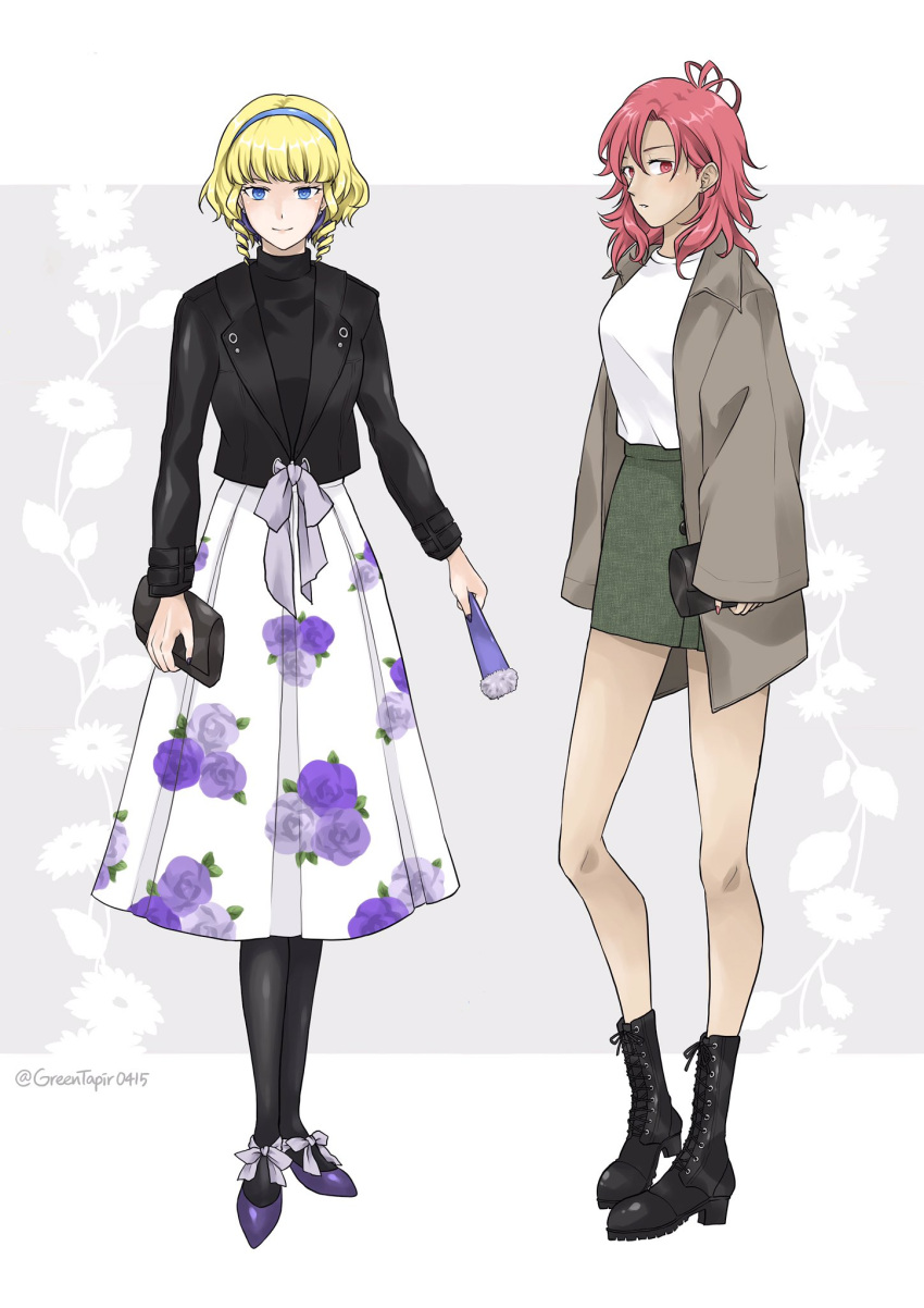 1girl, alternate_costume, bangs, blonde_hair, constance_von_nuvelle, contemporary, earrings, fire_emblem, fire_emblem:_three_houses, full_body, greentapir0415, hand_fan, hapi_(fire_emblem), highres, holding, holding_fan, jewelry, medium_hair, multicolored_hair, purple_hair, redhead, short_hair, two-tone_hair, violet_eyes