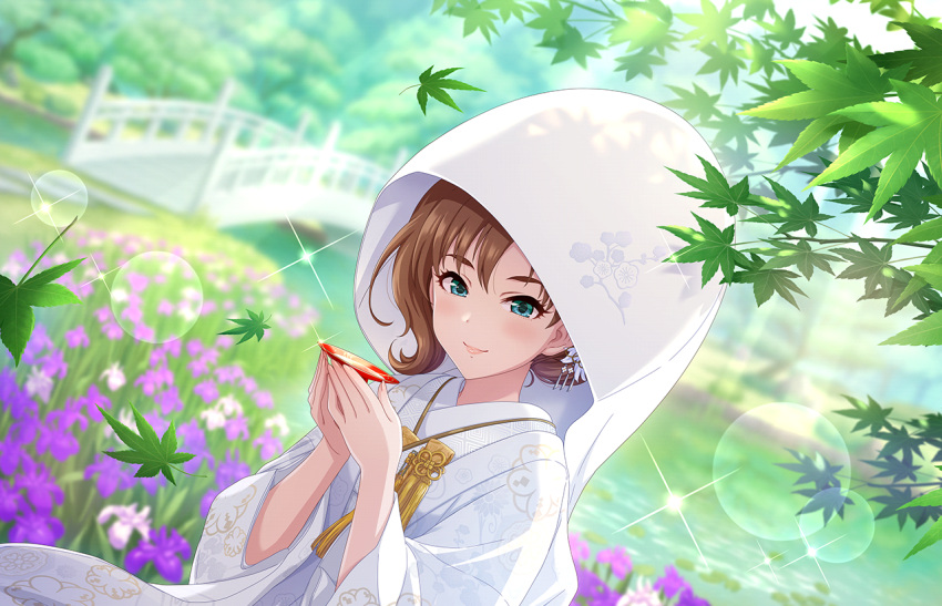 1girl, blurry, blurry_background, blush, bride, brown_hair, cup, depth_of_field