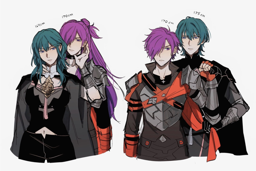 2boys, 2girls, arm_guards, armor, byleth_(fire_emblem), byleth_eisner_(female), byleth_eisner_(male), cape_grab
