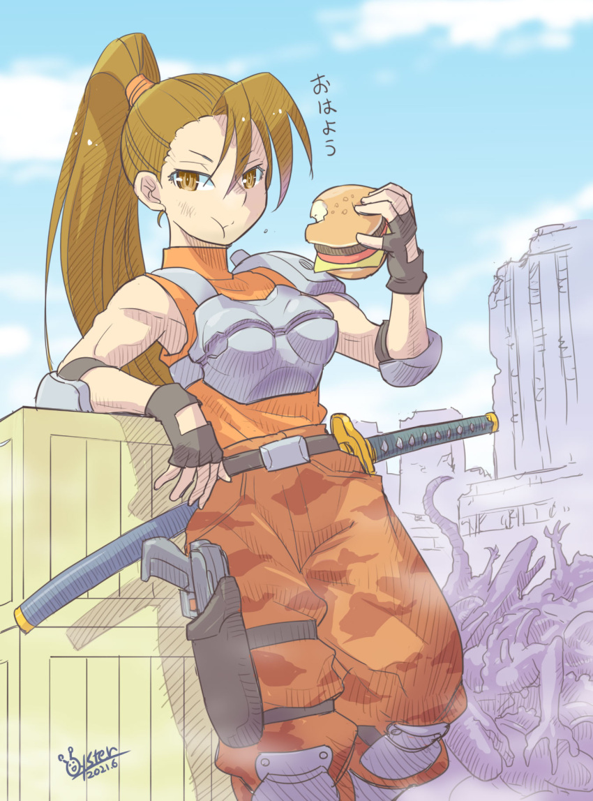 1girl, alien_vs._predator, armor, belt, brown_eyes, brown_hair, burger, camouflage