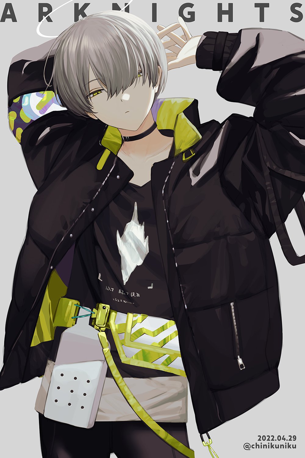 1boy, arene_(arknights), arene_(casual)_(arknights), arknights, arms_up, bangs, black_choker, black_coat, black_pants, chinikuniku, choker, closed_mouth, coat, copyright_name, dated, green_eyes, grey_background, grey_hair, hair_between_eyes, hair_over_one_eye, highres, long_sleeves, looking_at_viewer, male_focus, pants, pouch, shirt, simple_background, solo, twitter_username
