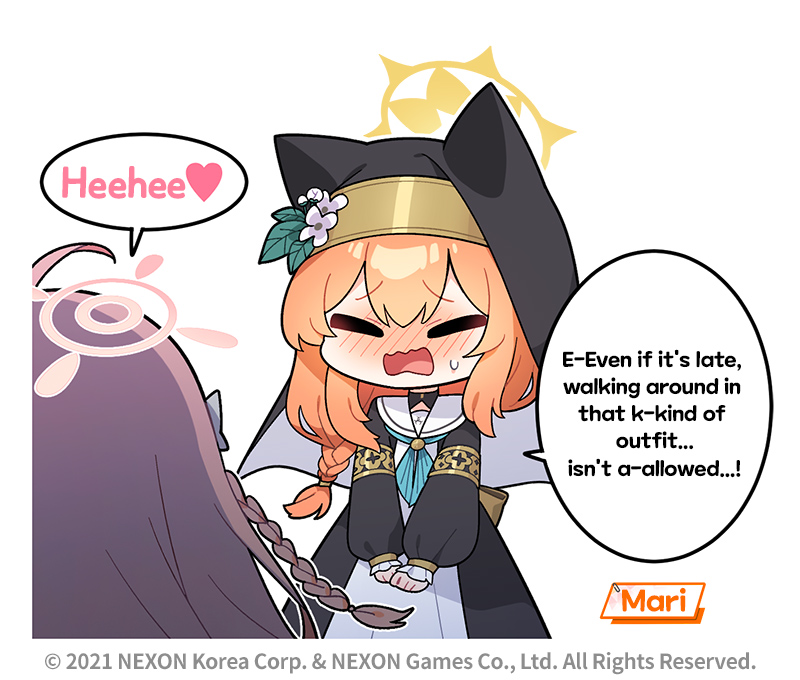 2girls, animal_ear_headwear, bangs, blue_archive, blush, braid, brown_hair, chibi