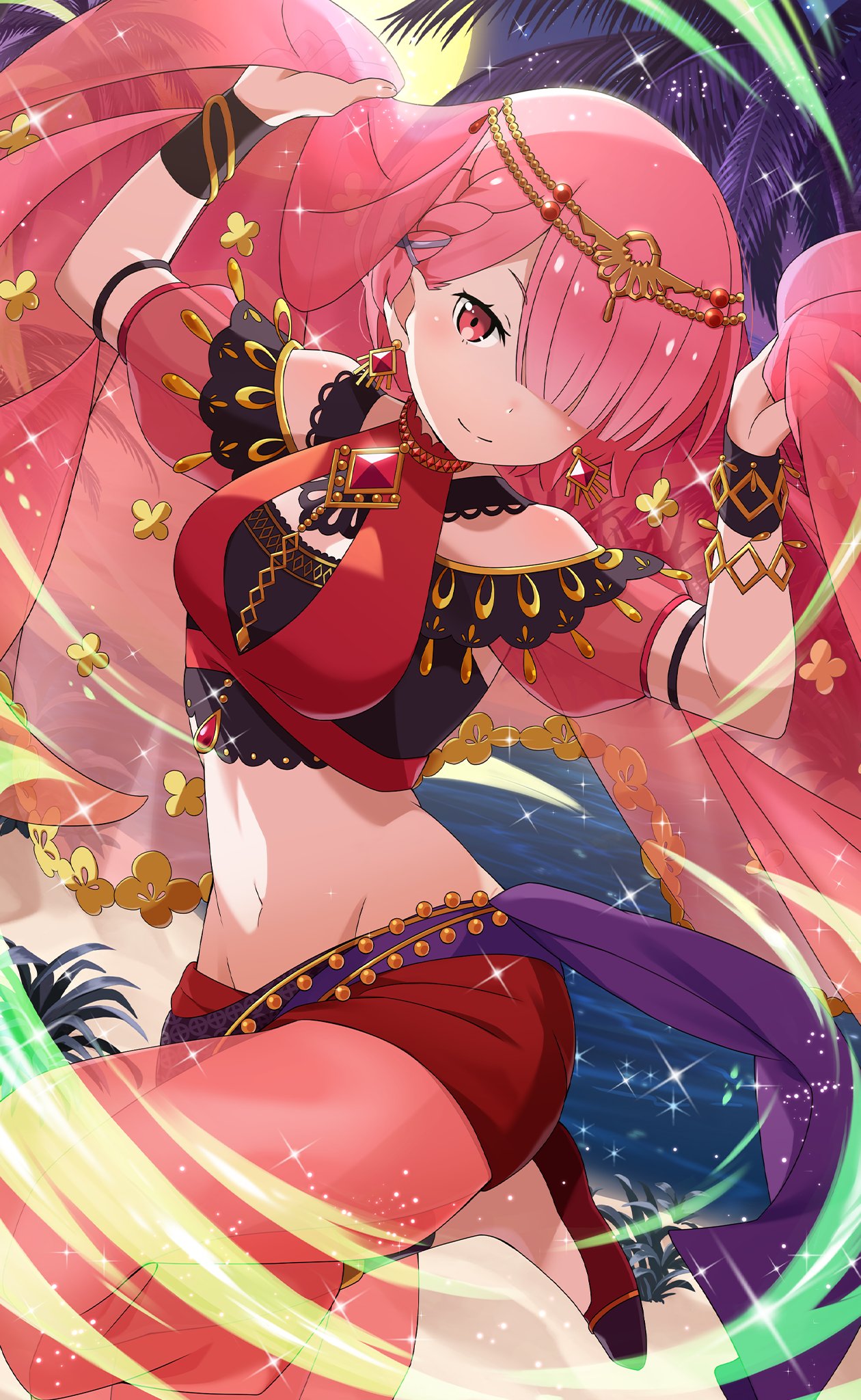 1girl, alternate_costume, alternate_hairstyle, arabian_clothes, bare_shoulders, belly_chain, bracelet, braid, crop_top, earrings, gem, gold_trim, hair_ornament, hair_over_one_eye, harem_outfit, harem_pants, head_chain, highres, jewelry, looking_at_viewer, moon, navel, night, night_sky, off-shoulder_shirt, off_shoulder, official_art, outdoors, palm_leaf, pants, pink_eyes, pink_hair, puffy_pants, puffy_short_sleeves, puffy_sleeves, ram_(re:zero), re:zero_kara_hajimeru_isekai_seikatsu, red_footwear, red_gemstone, red_pants, see-through, see-through_pants, see-through_sleeves, shirt, short_hair, short_sleeves, sky, smile, standing, standing_on_one_leg, veil, water, x_hair_ornament
