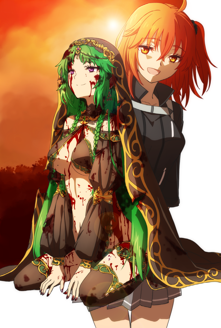 2girls, bangs, black_skirt, blood, blood_in_hair, blood_on_clothes, blood_on_face, blood_on_hands