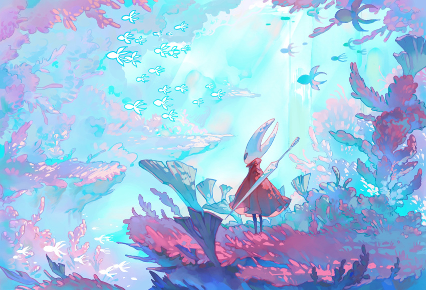 1girl, arthropod_girl, chinese_commentary, cloak, commentary_request, coral, coral_reef, feisekong286, fish, highres, hollow_knight, hornet_(hollow_knight), horns, light_rays, needle_(hollow_knight), red_cloak, scenery, solo, standing, underwater, weapon, weapon_on_back, wide_shot