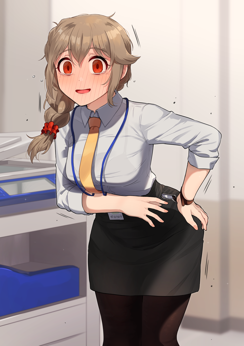1girl, black_legwear, black_skirt, blush, bra_visible_through_clothes, braid, braided_ponytail, brown_hair