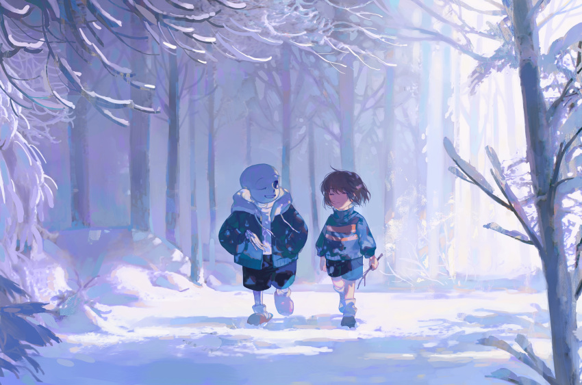 1boy, 1other, =_=, absurdres, ambiguous_gender, black_shorts, blue_jacket, blue_shorts