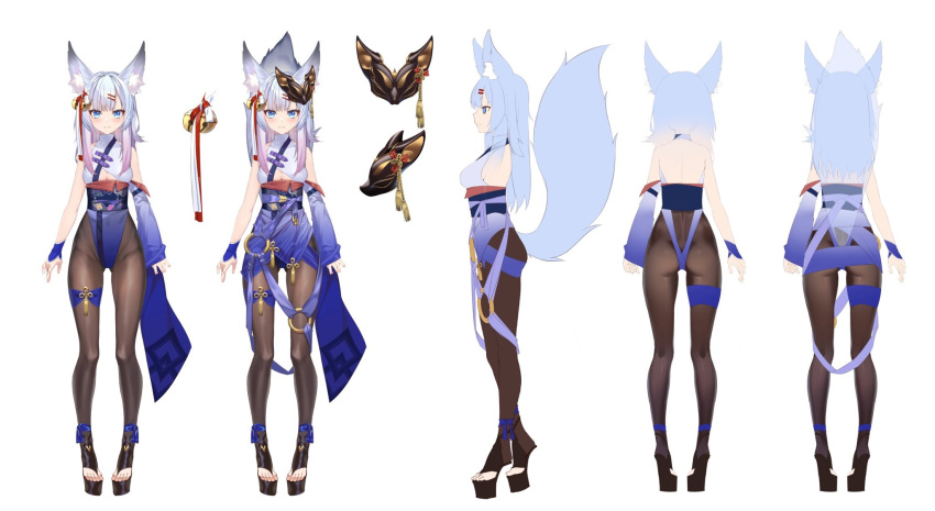 animal_ears, black_legwear, blue_eyes, blue_hair, blue_tail, character_sheet, cloud_horizon, fox_ears, fox_girl, full_body, highres, kamiina_haruhi, ninsaki_(9saki), official_art, virtual_youtuber