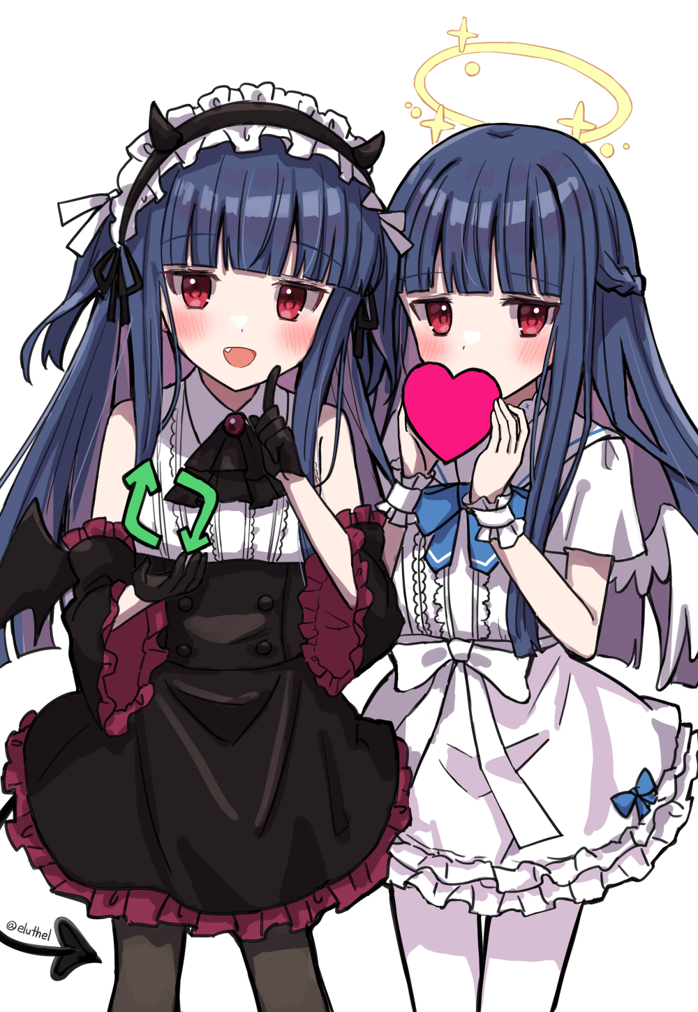 2girls, angel_and_devil, angel_wings, ascot, bangs, black_ascot, black_gloves, black_legwear