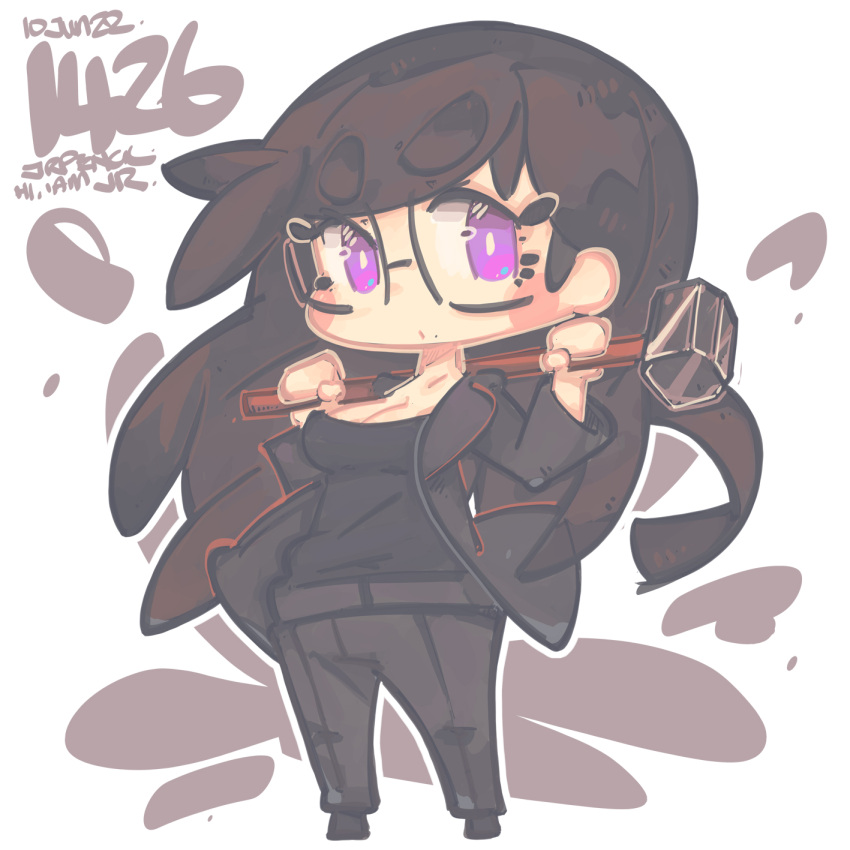 1girl, artist_name, bangs, black_footwear, black_hair, black_jacket, black_pants, black_shirt